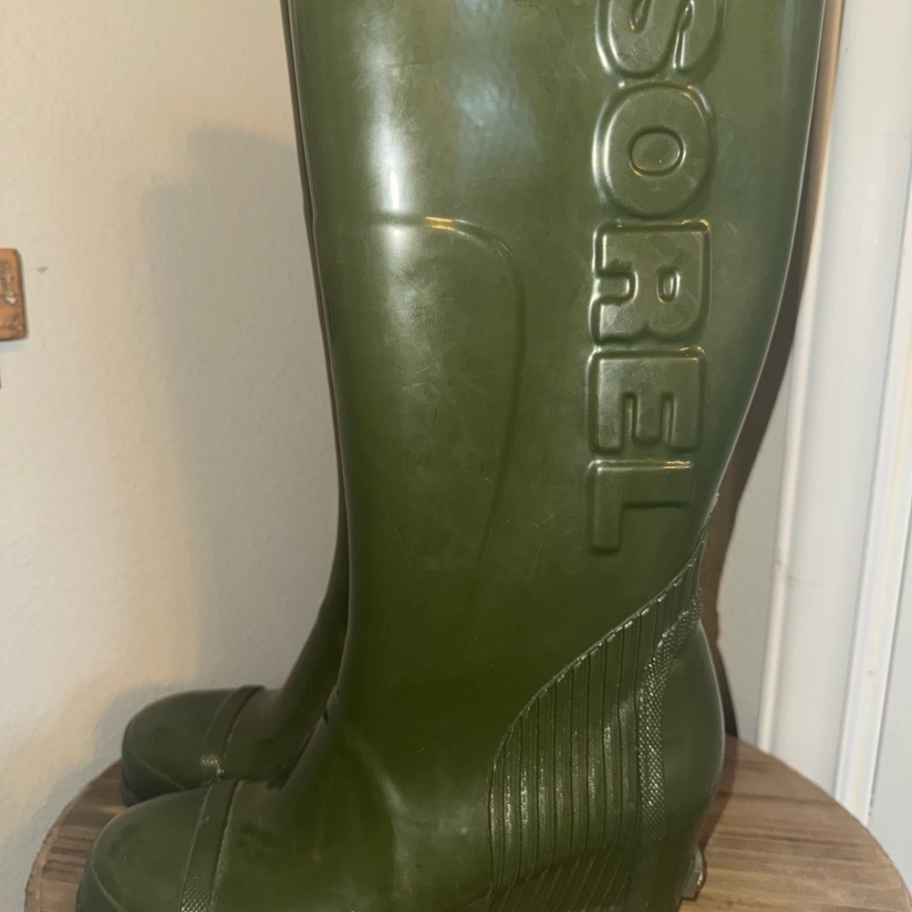 Sorel Joan Rain Wedge Tall boots in an olive green